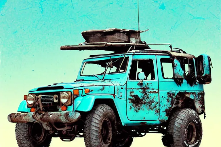 Image similar to digital illustration of a faded cyan mad max's fj 4 0 decrepit!!!! pursuit special, rusty!!! nissan fj cruiser heavily modded 1 9 9 0 s, the last v 8 interceptor by makoto shinkai, ilya kuvshinov, lois van baarle, rossdraws, basquiat