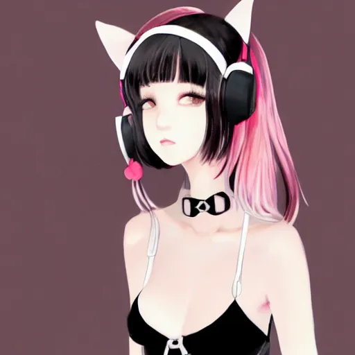 Image similar to realistic beautiful gorgeous buxom natural cute Blackpink Lalisa Manoban black hair cute fur black cat ears, wearing white camisole, headphones, black leather choker artwork drawn full HD 4K highest quality in artstyle by professional artists WLOP, Taejune Kim, Guweiz on Pixiv Artstation