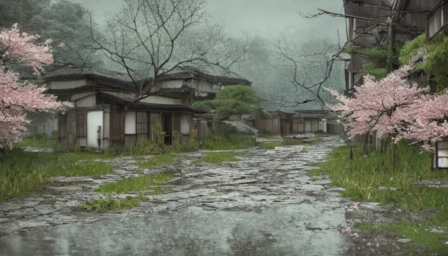 Image similar to abandoned japanese village, cherry blossoms, rainy day, hyperdetailed, artstation, cgsociety, 8 k