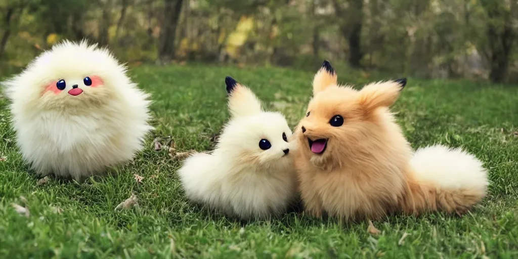 Image similar to real life pokemons, cute!!!, content!!!, mischievous!!!, adorable!!!, fluffy!!!, ultra realistic!!!, spring, golden hour, sharp focus