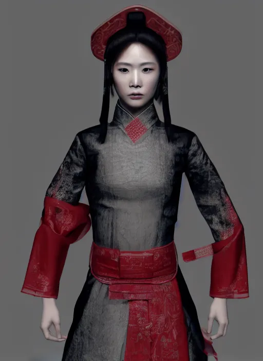 Prompt: haute couture, clothing setting for ancient chinese female assassin, model standing pose, red hanfu, long sleeves, gauze belt, cyberpunk style, render by octane and blender, hyper realistic, hyper detailed