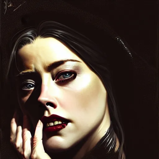 Prompt: hyperrealistic portrait of amber heard as a vampire witch in a black coat as a reflection in water in stone. by jeremy mann and alphonse mucha, fantasy art, photo realistic, dynamic lighting, artstation, poster, volumetric lighting, very detailed faces, 4 k, award winning