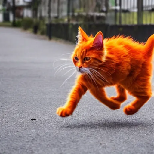 Image similar to a giant orange cat chasing after a little puppy dog