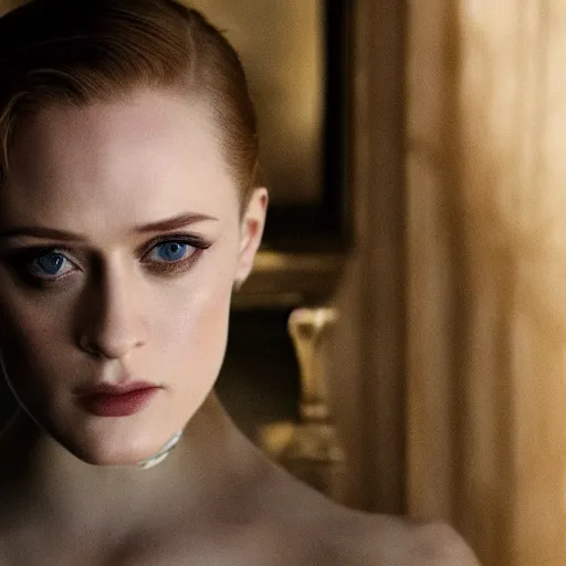 Prompt: beautiful close - up shot of evan rachel wood in westworld who looks into the distance, beautiful natural light, golden hour, focus on her face, photorealistic, fujifilm x - pro 2, by annie leibowitz