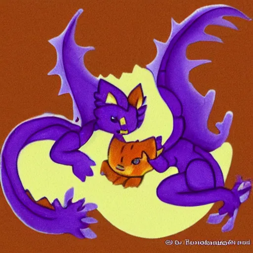 Image similar to small cute purple dragon, the dragon is hugging an orange tabby cat, soft, cozy