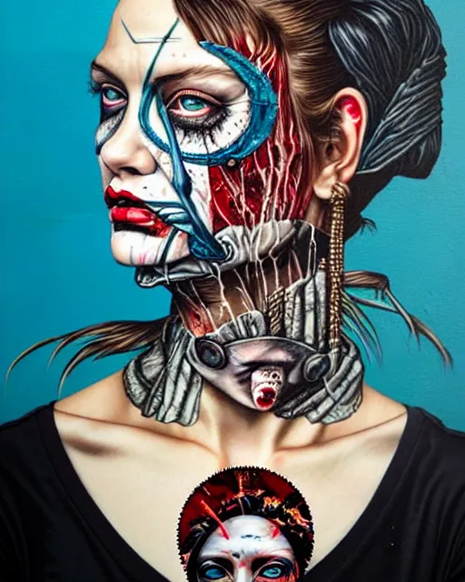 Image similar to a tarot card portrait horror and blood with sea and ocean intricate details by Sandra Chevrier