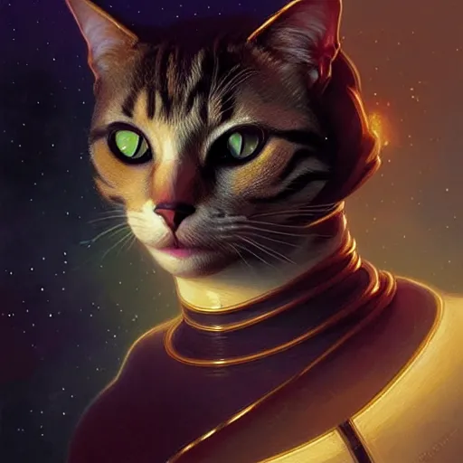 Prompt: Portrait of cat in space, D&D, dark fantasy, intricate, elegant, highly detailed, digital painting, artstation, concept art, smooth, sharp focus, illustration, art by artgerm and greg rutkowski and alphonse mucha