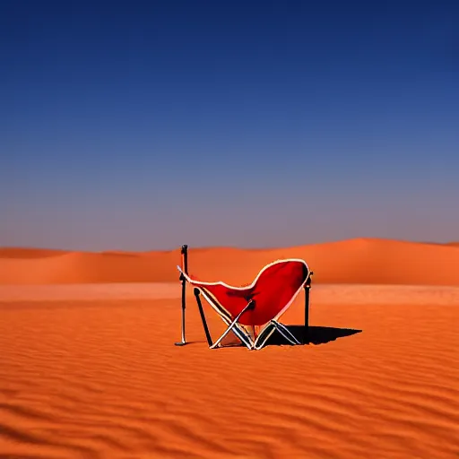 Image similar to a red camping chair in the middle of the sahara desert. the chair is 1 0 feet away from the camera.