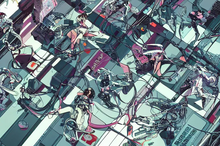 Image similar to a cyberpunk illustration of a group of four coherent cutely dressed female androids in style of masamune shirow, lying scattered across an empty, white floor with their bodies rotated in different poses and cables and wires coming out, by yukito kishiro and katsuhiro otomo, hyper-detailed, intricate, view from above, colorful