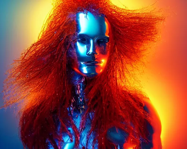 Image similar to glowing hair, complex cybernetic beings, beautiful hairy humanoids, cybermagnetosphere, cybernetic civilizations, ornate hair, love, joy, vortexes, large arrays, data holograms, 8 k, cinematic light shadows, wet hdr refractions, *, * * *, * * * * *