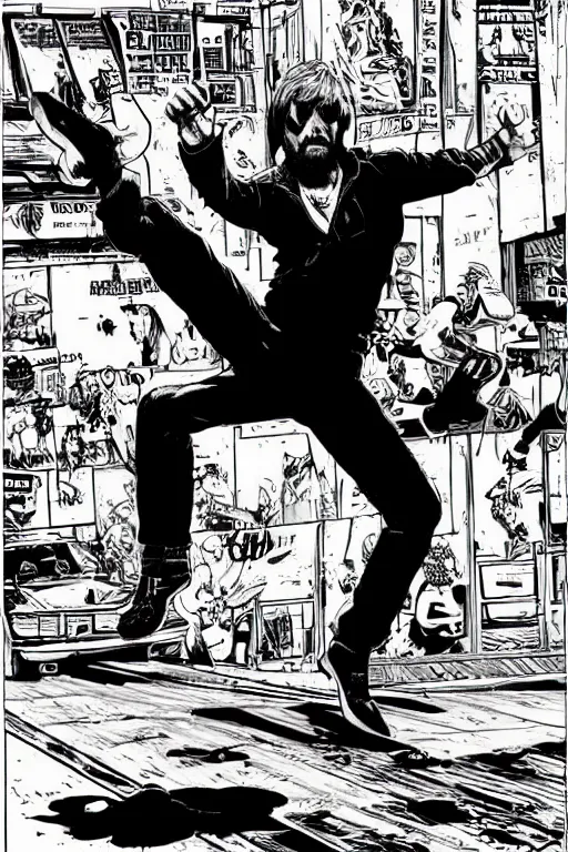 Image similar to chuck norris doing a high kick, a page from cyberpunk 2 0 2 0, style of paolo parente, style of mike jackson, adam smasher, johnny silverhand, 1 9 9 0 s comic book style, white background, ink drawing, black and white, colouring pages