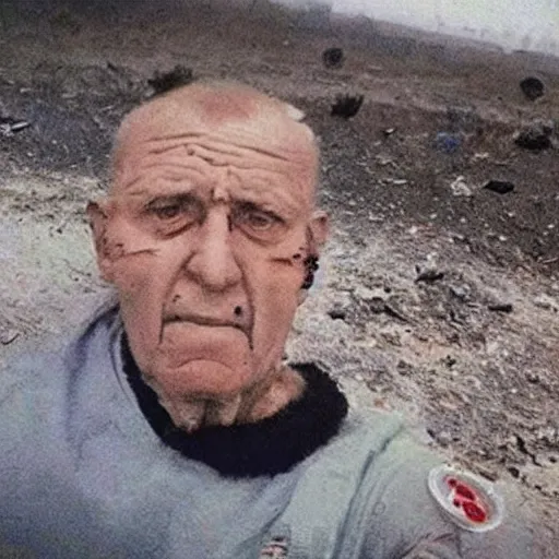 Image similar to last selfie of last alive ukrainian very damaged after a nuclear strike, a nuclear explosions in the background, dead bodies everywhere, 2 0 2 2