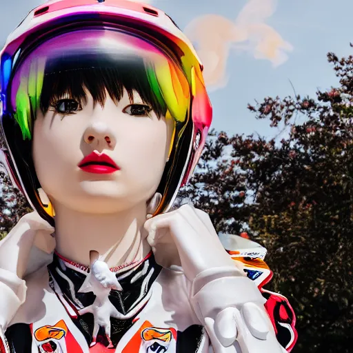 Image similar to extremely beautiful photo of a white marble statue of an anime girl with colorful motocross logos and motorcycle helmet with closed visor, colorful smoke in the background, carved marble statue, fine art, neon genesis evangelion, virgil abloh, offwhite, highly detailed, 8 k, hyperreal