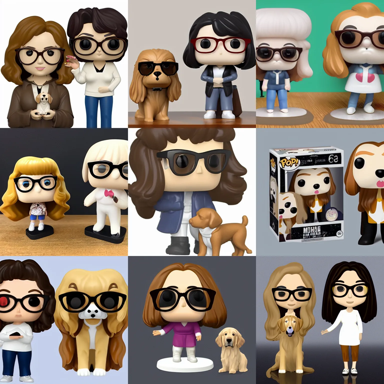 Prompt: pop figure of mom with long, brown, slightly curly hair and glasses and a white golden retriever next to her