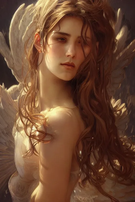 Prompt: up close portrait of a beautiful angel, d & d, face, fantasy, intricate, elegant, highly detailed, digital painting, artstation, concept art, smooth, sharp focus, illustration, art by artgerm and greg rutkowski and alphonse mucha