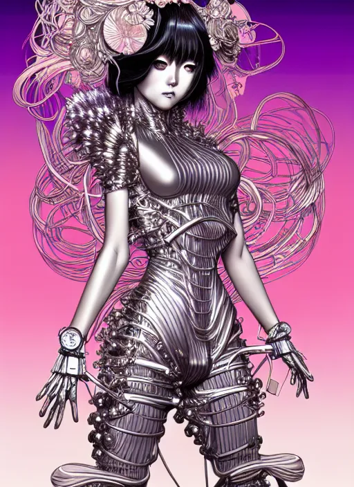 Prompt: highly detailed terada katsuya artstation manga poster of girl mechine, hajime sorayama, artgerm, rainbow gradient bloom, long hair, armor, dress, laces, ruffles, 8 k, maximalist, alphonse mucha