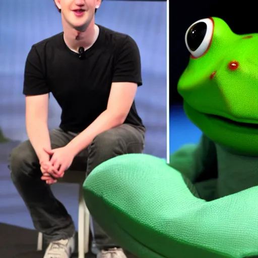 Image similar to mark zuckerberg with a frog on his shoulder