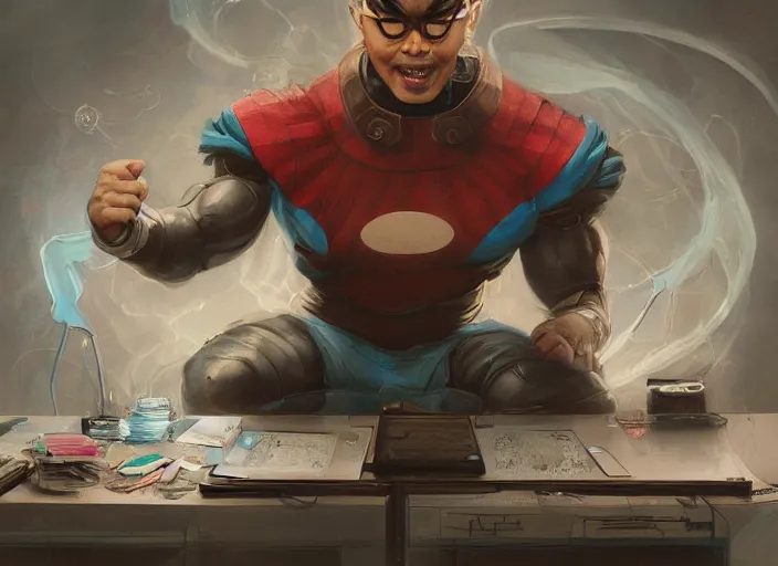 Image similar to an insanely detailed painting of an asian man wearing a homemade superhero costume, sitting at a desk, staring seriously at the computer and typing, in the style of peter mohrbacher, james jean, artgerm, dramatic lighting and composition, surreal background, octane render, pixar, trending on artstation, concept art, comic book, view from behind, 8 k