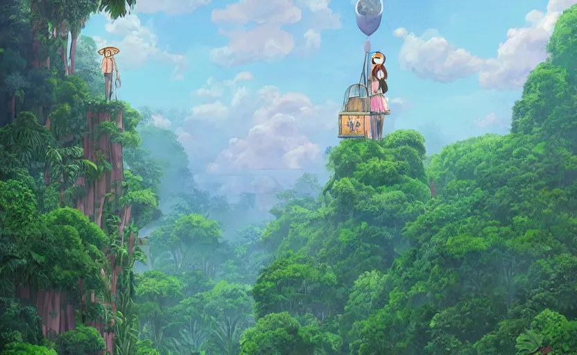 Prompt: big skyscraper levitate over the jungle, ghibli style