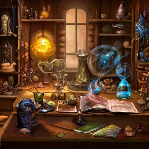 Image similar to hyper real, table, magic book, wizards laboratory, tony sart, mortar, pestle, scales, energy flowing, ancient brown map, beakers of colored liquid