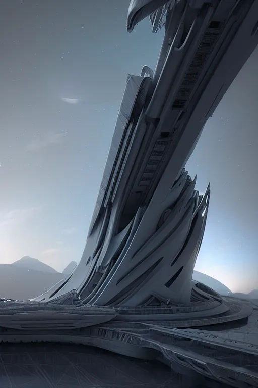 Prompt: futuristic space station in the mountains 3 d concept art, cinematic lighting, intricate details, building by zaha hadid, pastel sunset, emissary space by arthur haas and bruce pennington and john schoenherr, cinematic matte painting, dark moody monochrome colors, trending on artstation, featured on behance