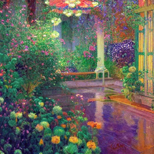 Prompt: a cybernetic secret garden by Charles Courtney Curran, bright pastels, neon reflections off wet surfaces