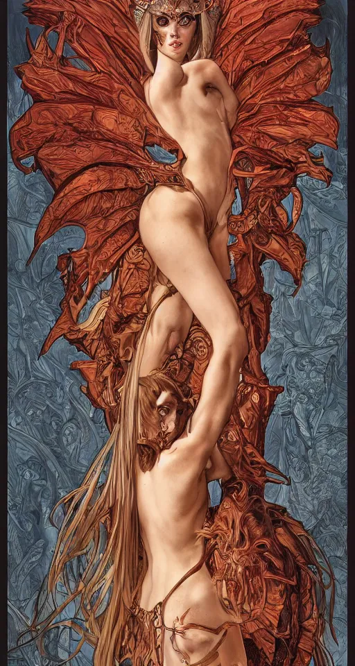 Image similar to 3/4 body portrait of the firedragon quee by artgerm and H R Giger and alphonse mucha, Dragon in dragon lair, HD, full body dragon concept, flying dragon, Human body with dragon features, beautiful queen, perfect face, fantasy, intricate, elegant, highly detailed, digital painting, artstation, concept art, smooth, sharp focus, illustration, ray tracing, 4k realistic 3d rendered portrait, soft shading, soft colors, relaxed colors, hyperdetailed, wide angle lens, fantasy, futuristic horror, armor style of giger