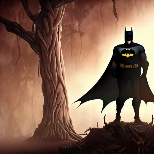 Image similar to batman meets groot in the woods digital art 4 k detailed super realistic