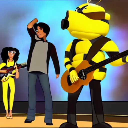 Image similar to bumblebee on stage singing with the band in the style of archies cartoon, high resolution, unreal engine