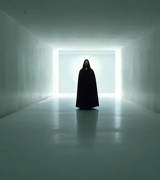 Image similar to Jesus in a white empty room, film still from the movie directed by Denis Villeneuve, wide lens, oil painting