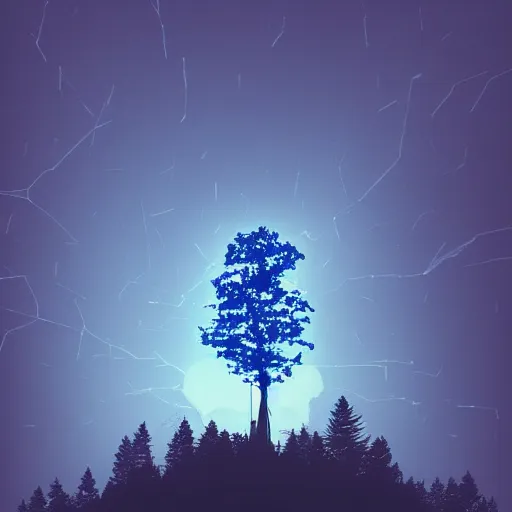 Prompt: tree on top of a hill, light network of blue electrodes in the tree, dawn, cyberpunk, trending on artstation, 8K