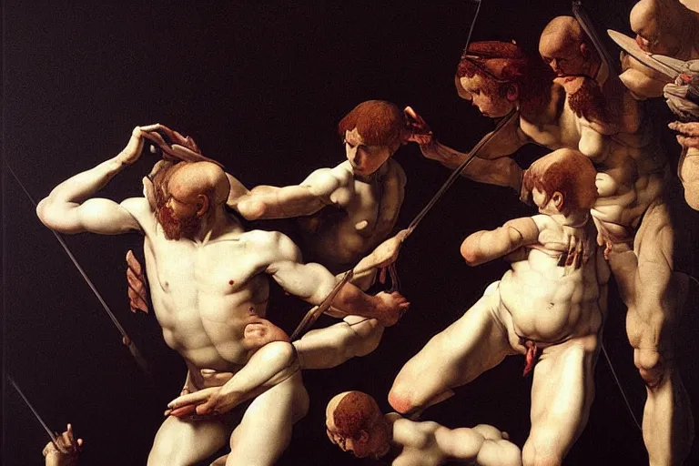 Image similar to Very Highly Detailed Elimination of humanity. Digital concept art by Caravaggio, cyan dimensional light, Many Details by Michelangelo