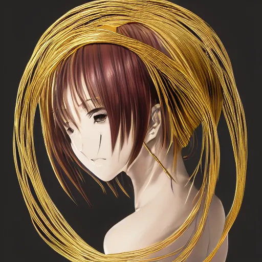 Image similar to An anime female goddess stands for a waist up portrait with her body sightly wrapped in thin gold wire creatively arranged so as to look like Emoji tattoos, in an empty Japanese Shoji home, hyper photo realistic 8K HD HDRI, photo by Annie Leibovitz.