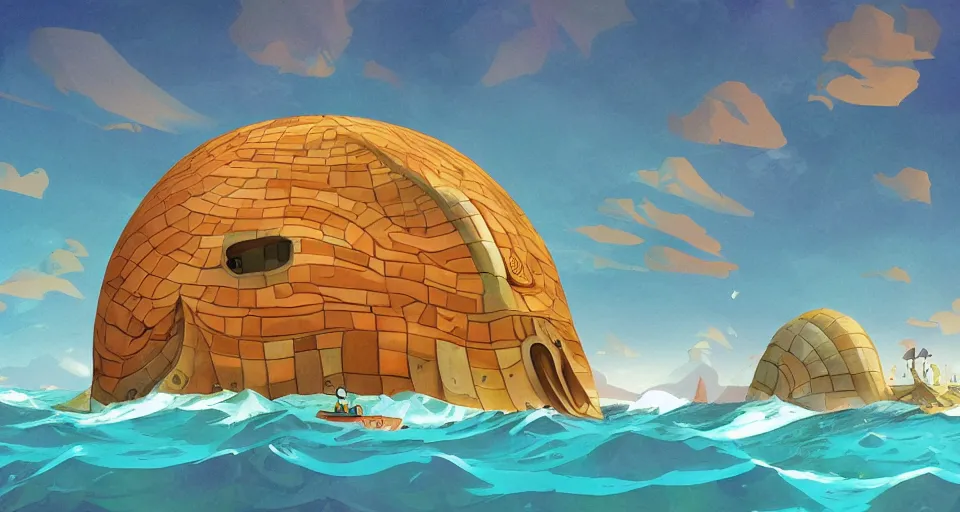 Image similar to giant abalone - shaped seashell house in the ocean by roger deakins, bill sienckiwicz, in the style of zelda windwaker, triadic color scheme, cell shading, 3 d