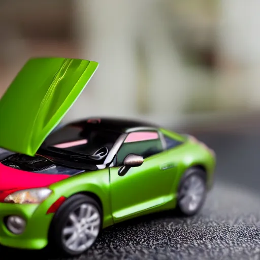 Image similar to a redhead woman driving a Jada toys mitsubishi eclipse green diecast car, high resolution macro photo, viewed through the cars window