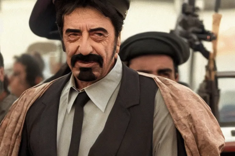 Prompt: Al Pacino as Saddam Hussein in 'SadDamn Hussling' (2023), movie still frame, promotional image, imax 70 mm footage, oscar nominated cinematography, volumetric lighting, 8k resolution