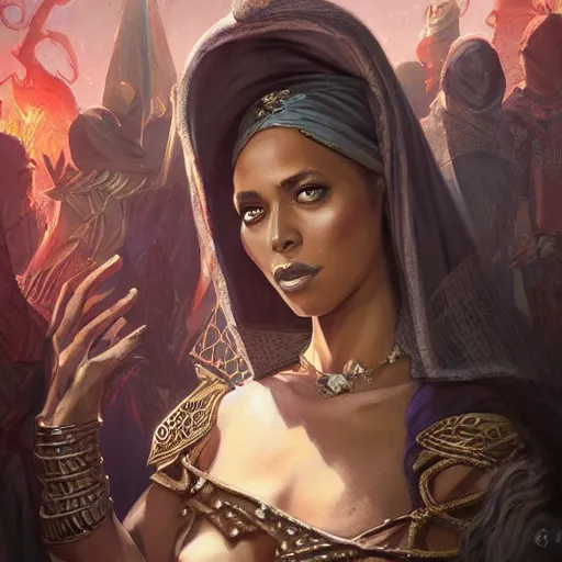 Image similar to somali empress, D&D, fantasy, portrait, highly detailed, digital painting, trending on artstation, concept art, sharp focus, illustration, art by artgerm and greg rutkowski and magali villeneuve