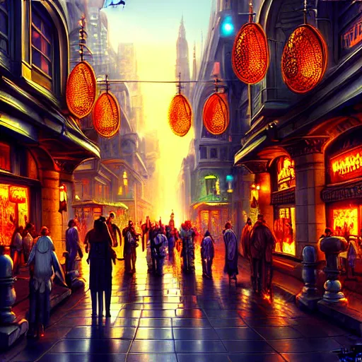 Image similar to a busy fantasy street scene from within a beautiful and ornate city, hyper realistic digital art, beautiful painting, detailed, cinematic, great composition
