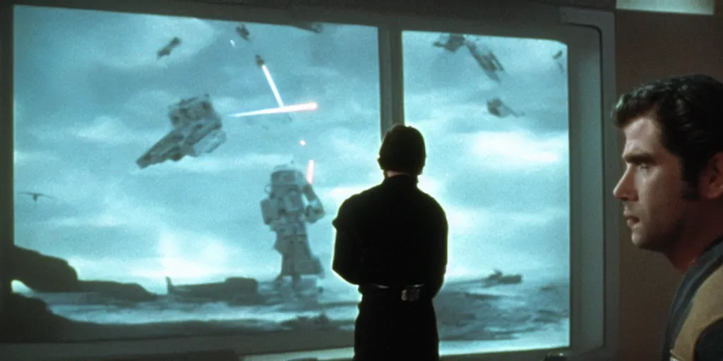 Prompt: a still from a film of a navy captain, back turned, standing in front of a large window with a live action STAR WARS space battle, 35mm, directed by George Lucas, miniatures, ILM