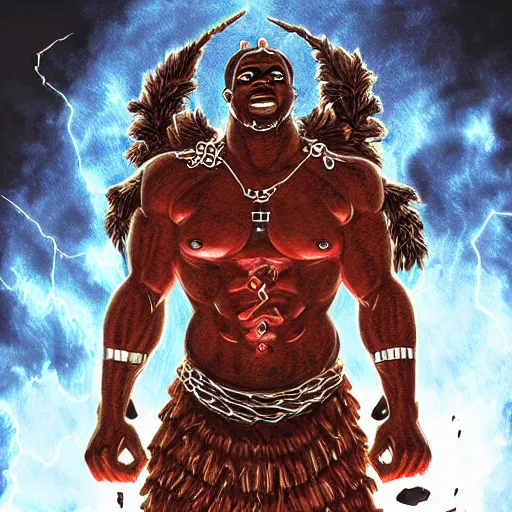 Prompt: shango, african god of thuder with electric eyes, violent thunderstorm!!, dim light, front game card, marvel comics, dark, intricate, highly detailed, smooth, artstation, digital illustration, unreal engine 5, by jeff easley and mandy jurgens and artgerm and wayne barlowe and greg rutkowski and justin bua