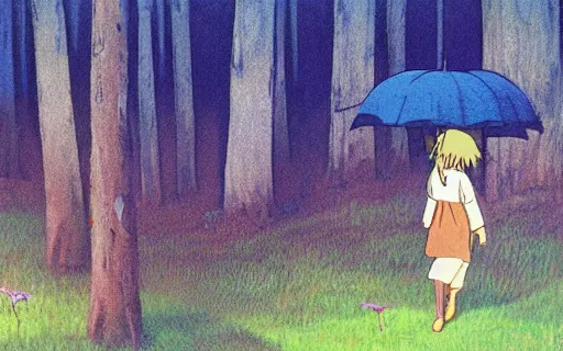 Image similar to a young girl with her large pet capybara walking through the forest, raining, holding umbrella, side view, art by hayao miyazaki, studio ghibli film, 4k, hi res, high detail