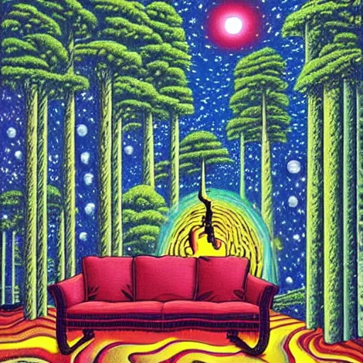 Prompt: psychedelic trippy couch pine forest, planets, milky way, sofa, cartoon by rob gonsalves spruce
