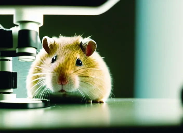 Image similar to film still of a hamster working in a research lab looking through a tiny microscope, 8 k