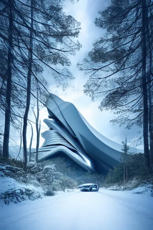 Image similar to a futuristic scene in front of a zaha hadid building in the forrest of the french alps in the style of chris moore, stormy moody weather, cinematic matte painting, extreme detail 8 k photo quality, pastel hues, snowfall, featured on behance