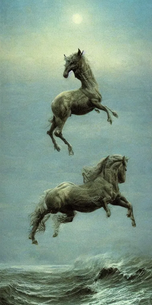 Image similar to a demon horse falls off a cliff and into the ocean, beksinski, dariusz zawadzki, surreal, ethereal