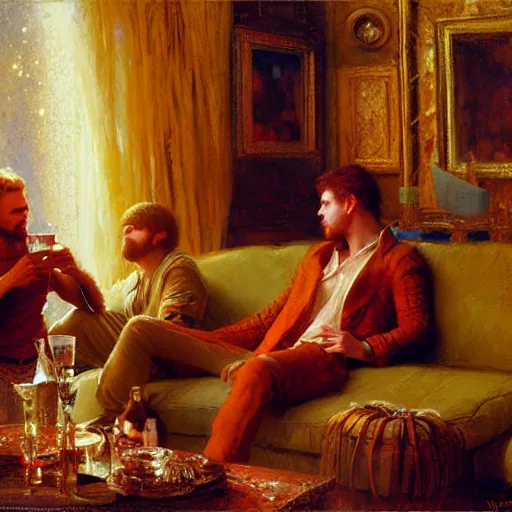 Image similar to attractive mike with ginger hair with attractive tyler with brunet hair, drinking their hearts out, in their noble mansion. highly defined painting, highly detailed painting by gaston bussiere, craig mullins 8 k