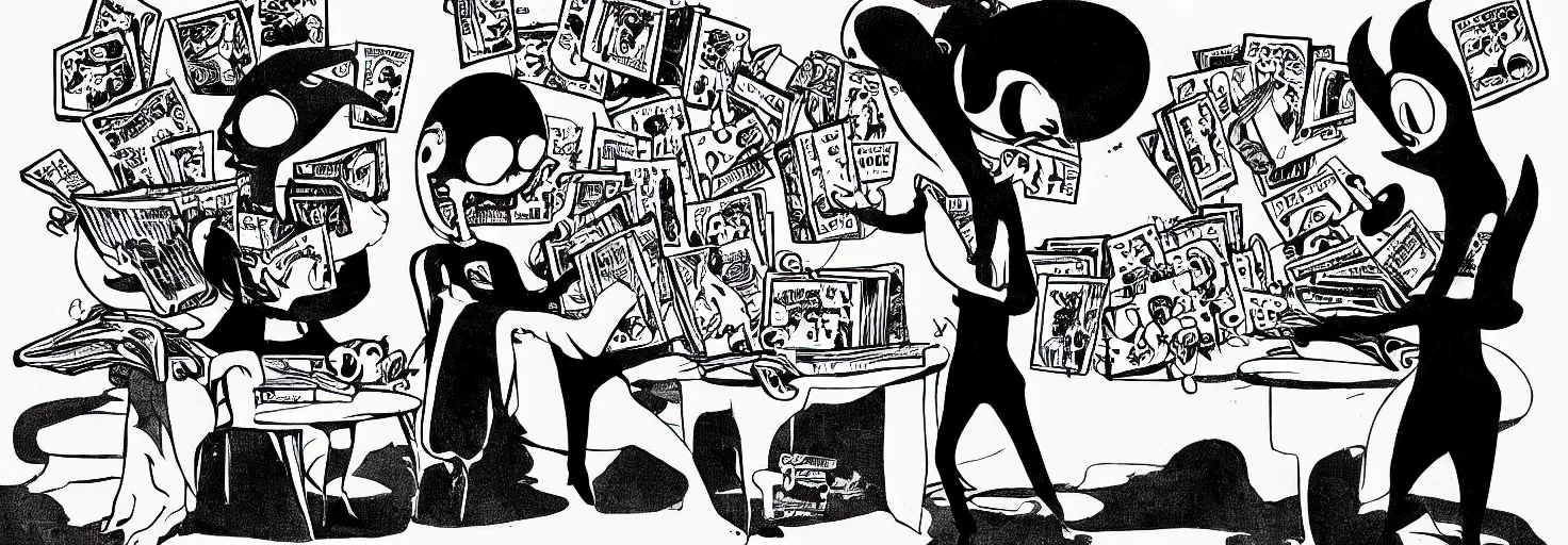 Prompt: a black and white photo of two aliens reading comic books, in the style of Gary Baseman, surreal, pulp, photorealism