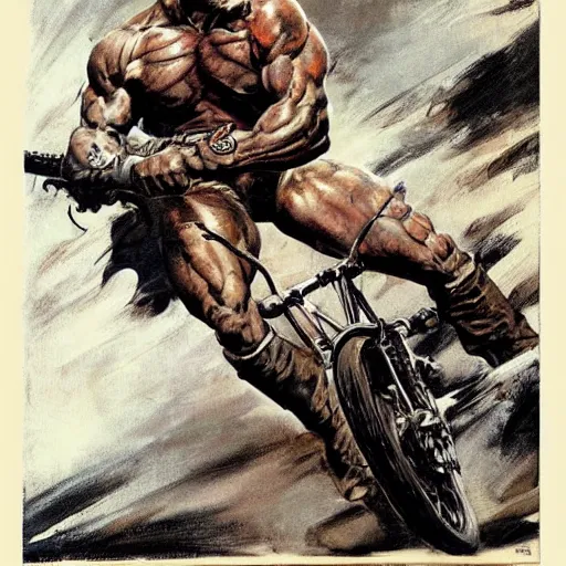 Image similar to into glory ride, artwork by Frank Frazetta, motorcycle, muscular man riding into battle holding sword