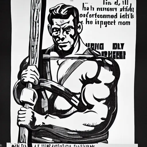 Prompt: propaganda poster of an incredibly muscular man with a sledgehammer cuddling with a robot, sketch, monochrome, bela uitz