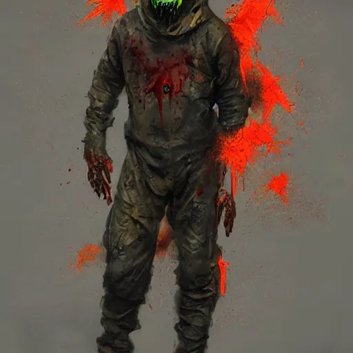 Image similar to bloody hazmat suit zombie, sinister by Greg Rutkowski